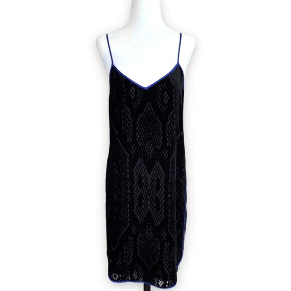 Rebecca Taylor Black Burnout Velvet Snake Print Slip Dress Blue Trim Size 4 - Picture 2 of 11